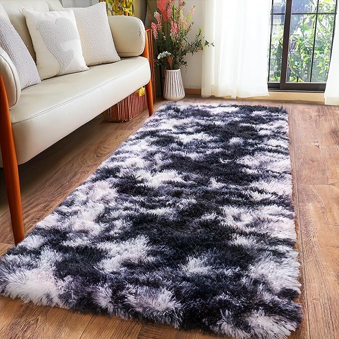 Runner Rugs for Bedroom 2x6 Soft Shag Bedside Rug, Fluffy Area Rug Throw Rugs for Living Room, Floor Carpet Runner for Nursery Kids Dorm Home Decor, Black and White