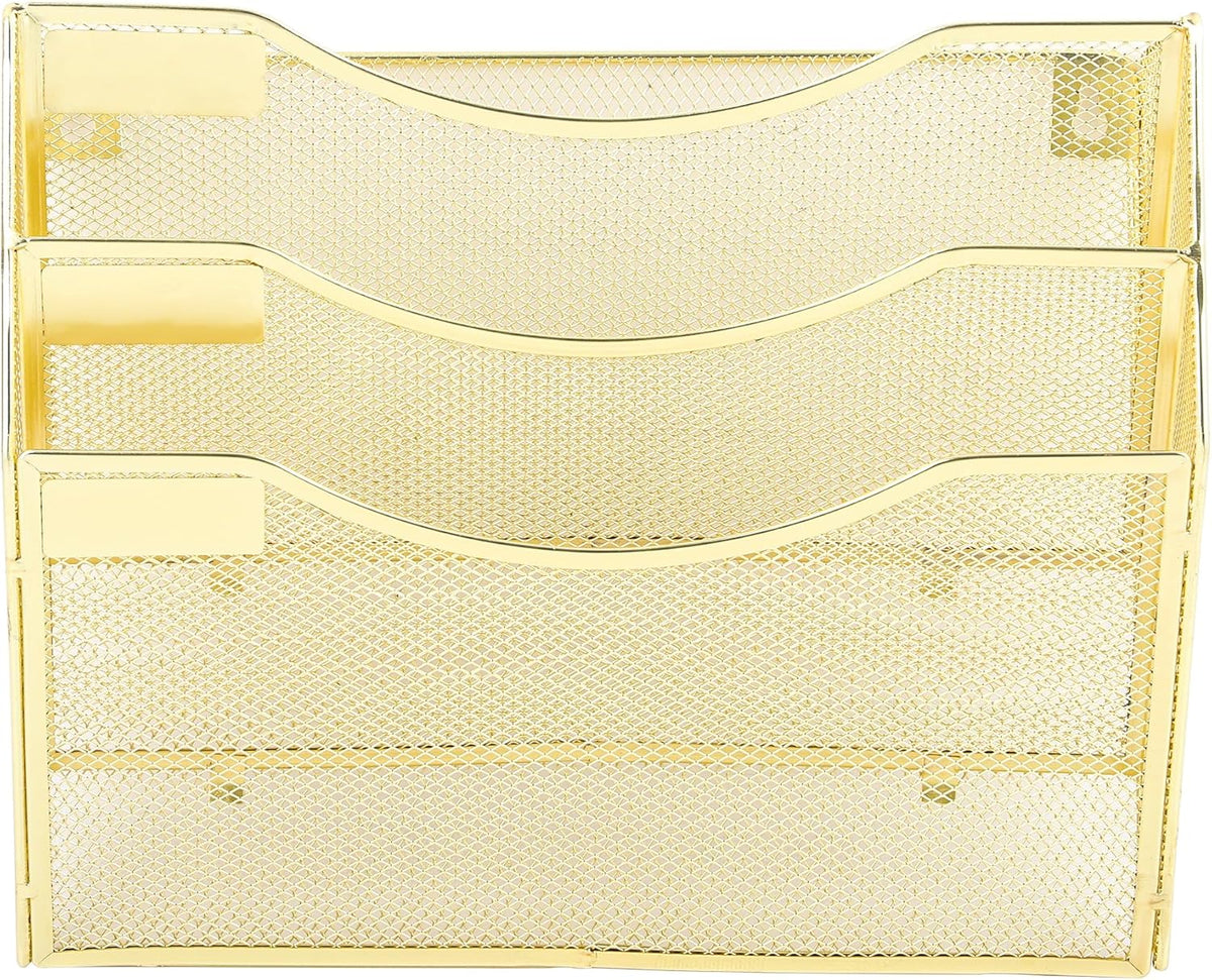 EASEPRES 3 Pocket Mesh Hanging Wall File Organizer, Wall Mounted Mail Paper Document Folder Holder, Clipboard Storage Organization Magazine Rack with Nametag Label for Office Home School, Gold