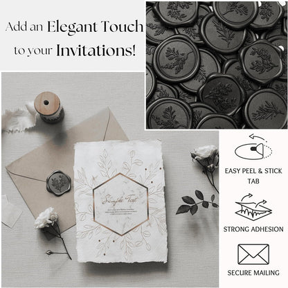 Black Wax Seal Stickers (60 Pcs, 3 Designs in 1 Pack) Premium Envelope Seal Stickers for Wedding Invitation Envelopes, Adhesive Wax Seals, Perfect for Seating Chart, Gift Wrapping
