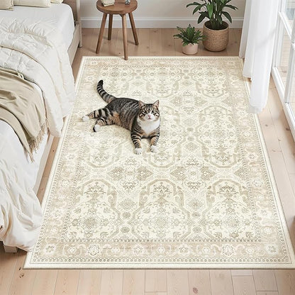 Soalmost 3x5 Rug, Small Area Rug for Kitchen, Entryway, Machine Washable Non-Slip Throw Rug, Vintage Carpet for Nursery Coffee Table Beige/Brown