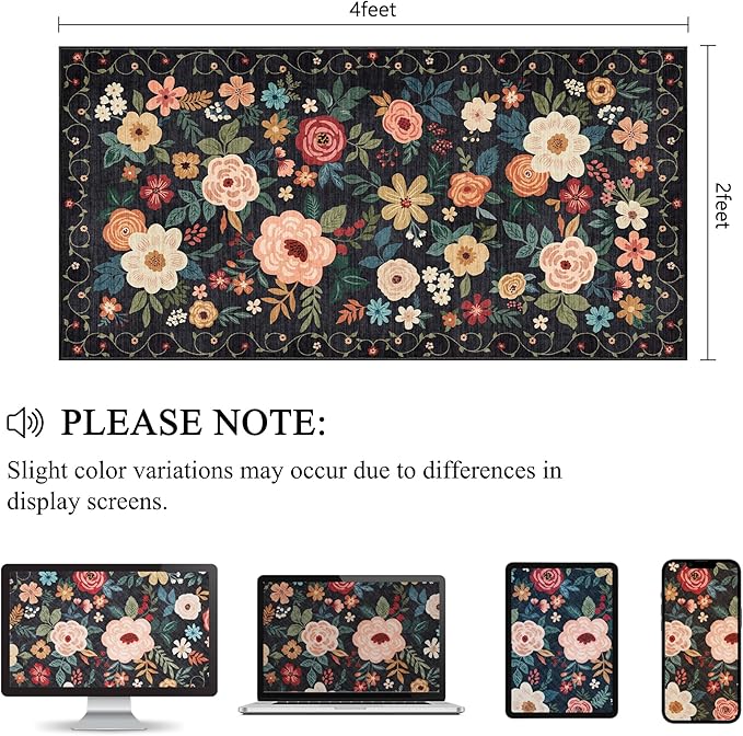 DUKINO 2x4 Rug for Entryway, Washable Kitchen Floral Runner Rug with Non Slip Backing, Low Pile Soft Boho Carpet for Kitchen, Hallway, Entryway, Laundry, Bedroom, Black