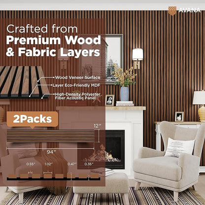 Avana Acoustic Wood Wall Panels – 94.4 x 12.6 Inch Rustic Walnut Acoustic