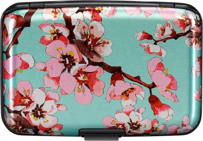 ELFISH Mini RFID Aluminum Wallet Credit Cards Holder Business Card Case Metal ID Case for Men Women（Pink Peach Blossom