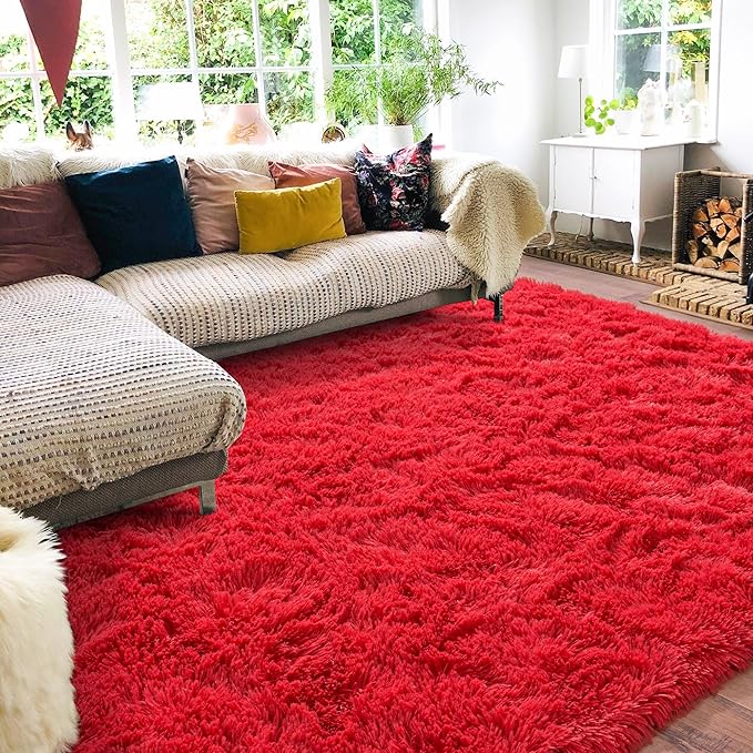 Rugs for Living Room 9x12, Soft Shaggy Modern Shag Area Rug for Bedroom, Upgrade Non-Slip Plush Fluffy Carpet for Kids Boys Girls Room Home Decor Aesthetic, Red