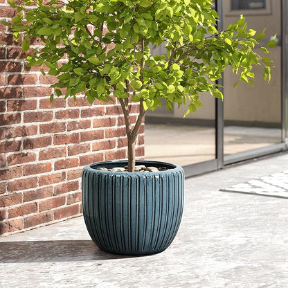 LuxenHome 11" Dia Ceramic Planters, Indoor Outdoor Large Plant Pots with Drainage Holes and Rubber Plug, Modern Glazed Decorative Flower Pots, Sea Green Ribbed Round Planters for Home Garden Patio