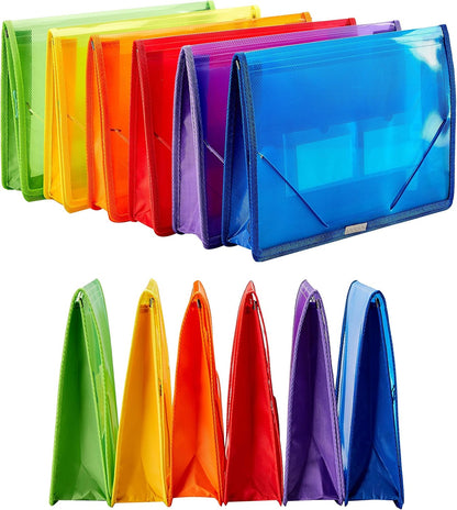 FANWU 6 Pack Plastic Expanding File Wallet Document Organizer with Flap and Cord Closure, Letter Size, 2.8" Expansion, Clear Colored Poly A4 Expandable File Folder for Home School & Office Storage