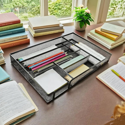 New Desk Drawer Organizer Metal Mesh Drawer Organizer Tray for Office School or Home Supplies Desktop Storage Stationery, 6 Compartments, 12.6 x 8.27 x 1.57 inch，Black (2pc pack)