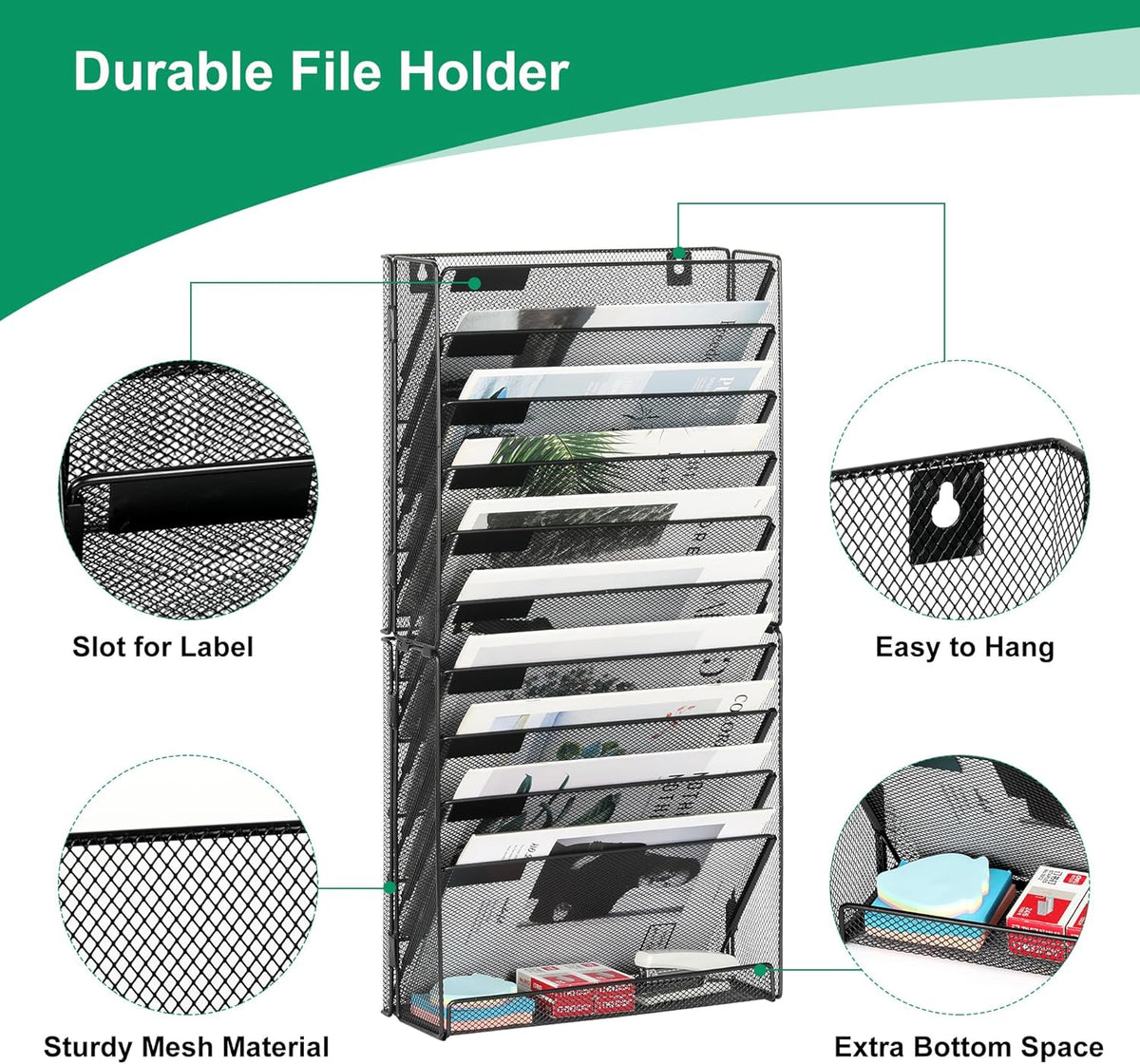 10-Tier Wall File Organizer, Hanging Mail Organizer Wall Mounted Paper Document Holder, Metal Clipboard Storage Basket for Office Home School Organization, Black