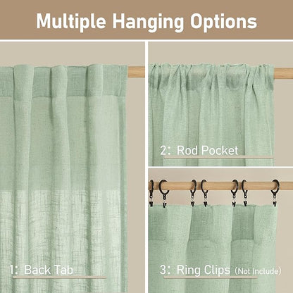 LAMIT 95 Inches Long Fresh Green Linen Curtains for Living Room, Back Tab and Rod Pocket Semi Sheer Curtains Light Filtering Farmhouse Drapes for Bedroom/Dining Room, Set of 2, 52 x 95 Inch