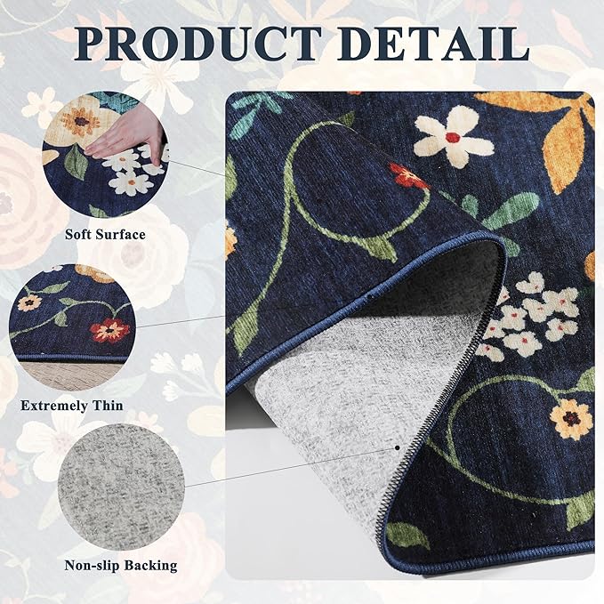 DUKINO 6x9 Area Rug, Floral Rugs for Living Room, Lightweight Non Slip Washable Rug, Indoor Low Pile & Non-Shedding Boho Design Rugs for Bedroom, Living Room, Dining Room, Dark Blue
