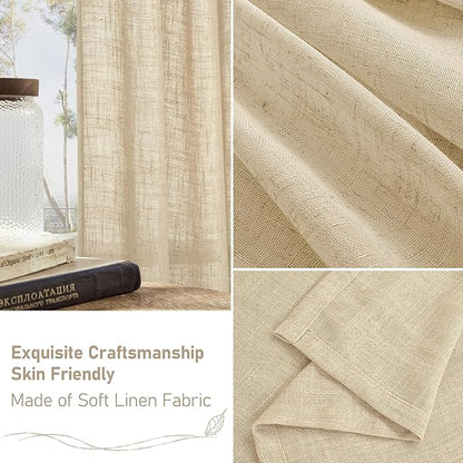 LAMIT Natural Linen Blended Curtains 63 Inch for Bedroom, Light Filtering Semi Sheer Burlap Curtains Farmhouse Boho Back Tab and Rod Pocket Drapes for Dining Room, 2 Panels (52 x 63 Inch, Linen)
