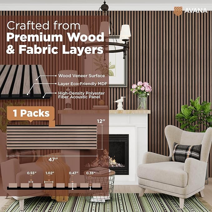 Avana Acoustic Wood Wall Panels – 47.2 X 12.6 Inch Walnut Acoustic Panels 1 PC