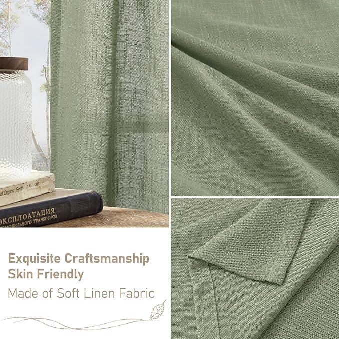 LAMIT Extra Wide Linen Curtains for Bedroom, Sage Green Light Filtering Faux Linen Textured Panels Semi Sheer Back Tab and Rod Pocket Boho Drapes for Living Room, 2 Panels, 60 x 84 Inch