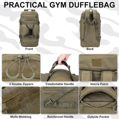 Gym Bag Duffle Bags Backpack Travel Duffle Bag with Weekend Overnight Bag for Outdoor Tactical Sports Travel Camping Hunting (Green, 60L)
