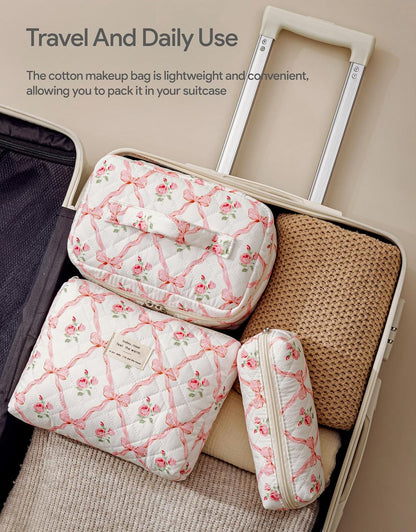 HBselect Quilted Makeup Bag, 3PCS Cotton Large Travel Makeup Bag, Cute Floral Coquette Make up Bag Cosmetic Bag Toiletry Bag for Women Girls