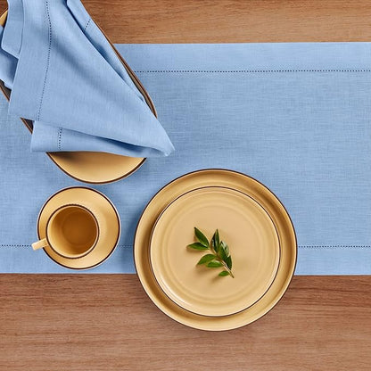 Solino Home Linen Cornflower Blue Hemstitch Table Runner 48 Inches - 100% Pure Linen Table Runner 14 x 48 Inch Ideal for Dresser and Coffee Tables - Classic Hemstitch - Christmas, Holiday, New Year