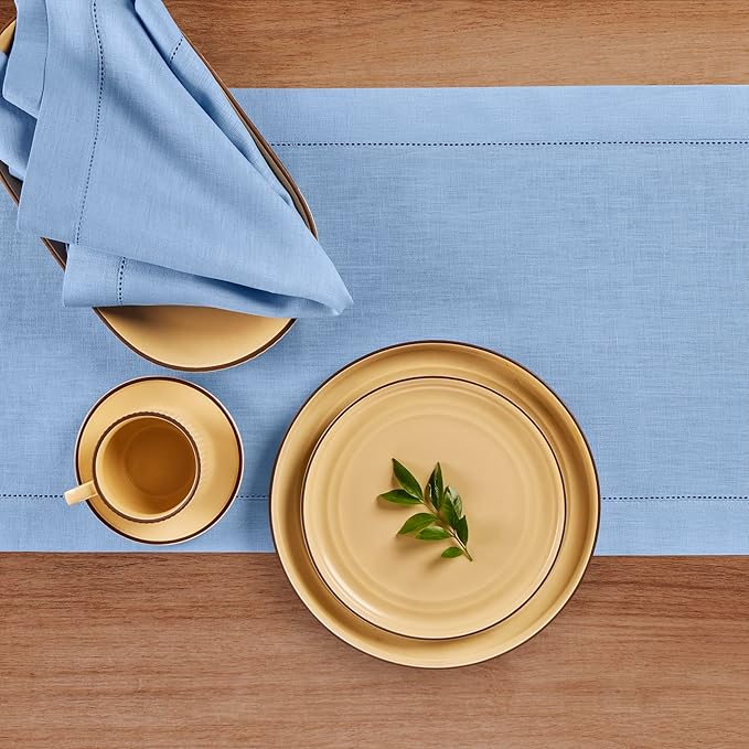 Solino Home Linen Cornflower Blue Hemstitch Table Runner 36 Inches - 100% Pure Linen Table Runner 14 x 36 Inch Ideal for Dresser and Coffee Tables - Classic Hemstitch - Christmas, Holiday, New Year