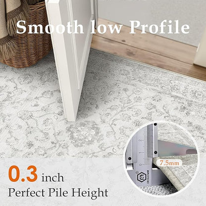 8x10 Grey Washable Area Rug for Living Room Bedroom Neutral Soft Floral Non Slip Large Throw Rug Lightweight Vintage Low Pile Distressed Carpet Office Playroom Dining Room Home Decor