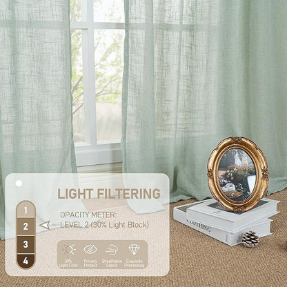 LAMIT Short Window Linen Curtains 36 Inch Length 2 Panels, Light Sage Light Filtering Panels Back Tab and Rod Pocket Neutral Drapes for Bathroom/Loft Room, 34 x 36 Inch