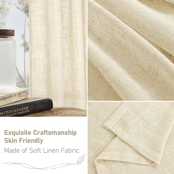 LAMIT Beige Linen Kitchen Curtains 30 Inch Length, Semi Sheer Light Filtering Window Panels Back Tab and Rod Pocket Drapes for Basement/Small Windows, 25 x 30 Inch, 2 Panels