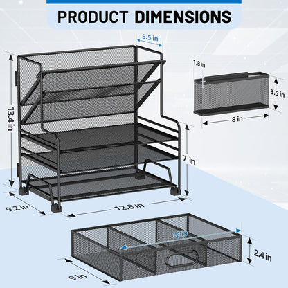 5 Tier Desk Organizer with Drawer & Pen Holders, Desk File Organizer Letter Tray Paper Organizer, Black