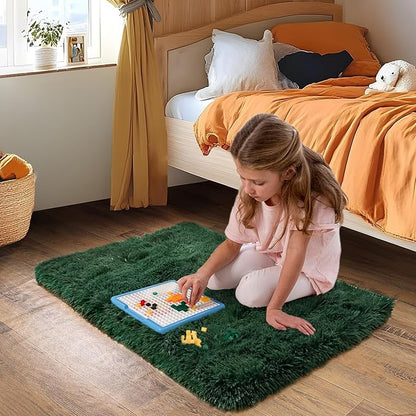 Small Area Rug, 2x3 Rug for Bedroom Shaggy Throw Rugs for Dorm Rug, Soft Shag Carpet for Kids Room, Plush Comfy Fluffy Bedside Rug for Home Decor Aesthetic, Blackish Green