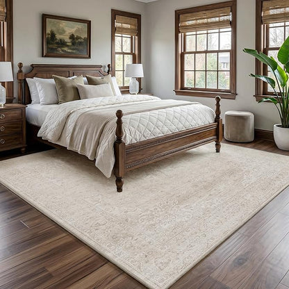 FMFUNCTEX 8x10 Washable Area Rug Neutral Beige Vintage Distressed Oriental Non Slip Low Pile Floral Rug for Living Room Bedroom Cream Traditional Soft Thin Retro Indoor Carpet for Dining Room Office