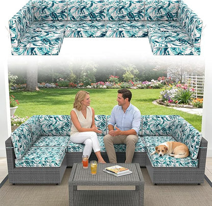 14 Pcs Outdoor Replacement Cushions for Patio Furniture, All Weather Water Resistant Cushion for 6 Seat Rattan Wicker Sectional Patio Conversation Sets and Couch (Lelf)