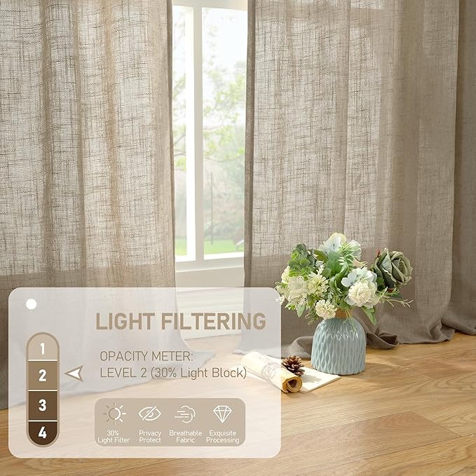LAMIT Taupe Semi Sheer Window Linen Curtains 63 Inch Length, Light Filtering Panels Back Tab and Rod Pocket Country Decor Drapes for Bedroom/Living Room, 2 Panels, 34 x 63 Inch