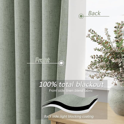 Guken 100% Blackout Curtains 100 Inch Length 2 Panels Set for Living Room Bedroom Back Tab Thermal Insulated Black Out Linen Drapes Room Darkening Window Curtains 100 Inches Long,Desert Sage