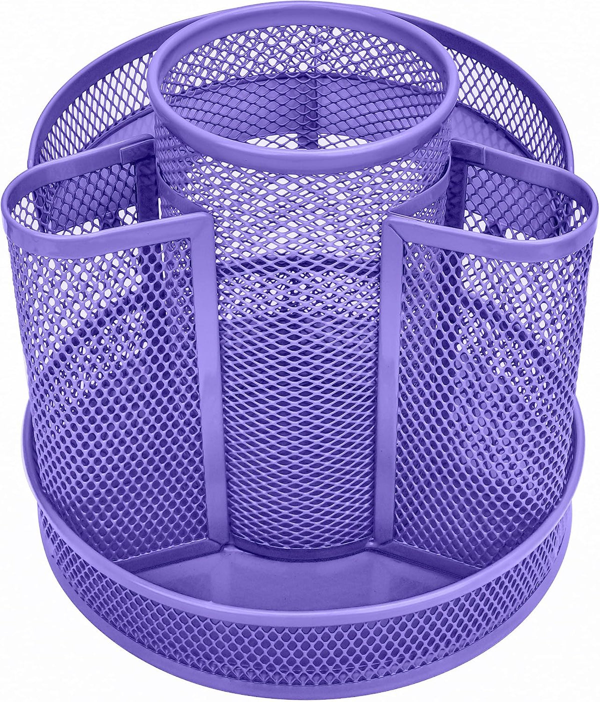 Annova Mesh Desk Organizer Rotate with 5 Compartments Round Spinning Tidy Candy/Pen Holder Desk Accessories Office, Art Supply, Storage, Classroom, Home (Purple)