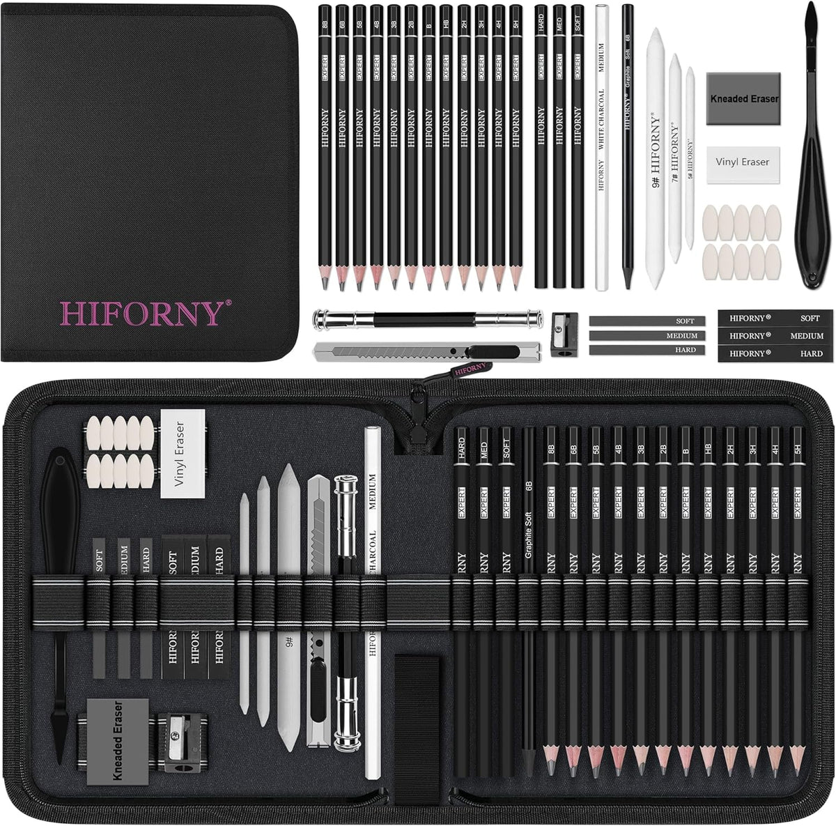 HIFORNY 42 PCS Drawing Set, Sketching Kit with Graphite & Charcoal Pencils, Blending Tools, Erasers & Accessories, Portable Zippered Travel Case for Artists & Beginners