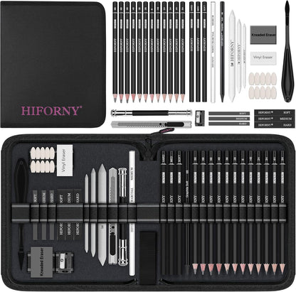 HIFORNY 42 PCS Drawing Set, Sketching Kit with Graphite & Charcoal Pencils, Blending Tools, Erasers & Accessories, Portable Zippered Travel Case for Artists & Beginners