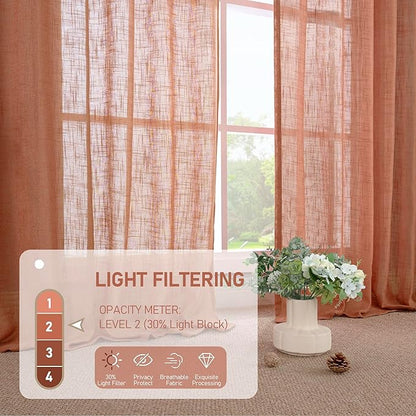 LAMIT 60 Inch Length Window Linen Curtains, Light Filtering Panels Back Tab and Rod Pocket Neutral Drapes for Bedroom/Living Room, Terracotta, 2 Panels, 34 x 60 Inch