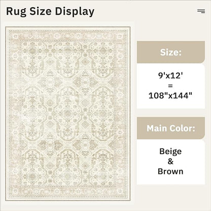 Soalmost 9x12 Area Rugs for Living Room, Non Slip Machine Washable Vintage Rugs, Low Pile Lightweight Large Rug for Bedroom, Dining Room, Home Office Beige/Brown