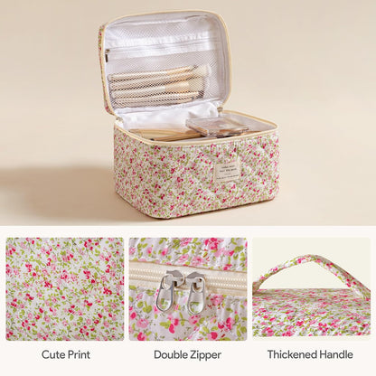 HBselect Quilted Makeup Bag, 3PCS Cotton Large Travel Makeup Bag, Cute Floral Coquette Make up Bag Cosmetic Bag Toiletry Bag for Women Girls