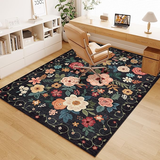DUKINO 4x6 Feet Office Chair Mat, Lightweight Non Slip Washable Floral Area Rug, Indoor Low Pile & Non-Shedding Boho Design Rugs for Bedroom, Living Room, Dining Room, Black