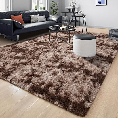 Tepook Fluffy Large Rugs for Living Room, Area Rug 6x9 Soft Carpet for Bedroom, Modern Shaggy Rug for Kids Boys Girls, Plush Indoor Nursery Home Decor Rug with Non-Slip Bottom, Tie-Dyed Coffee