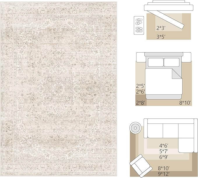 FMFUNCTEX 8ft Round Washable Area Rug Beige Vintage Neutral Oriental Distressed Large Non Slip Carpet for Living Room Bedroom Soft Low Pile Indoor Floral Retro Cream Rug for Dining Office Nursery