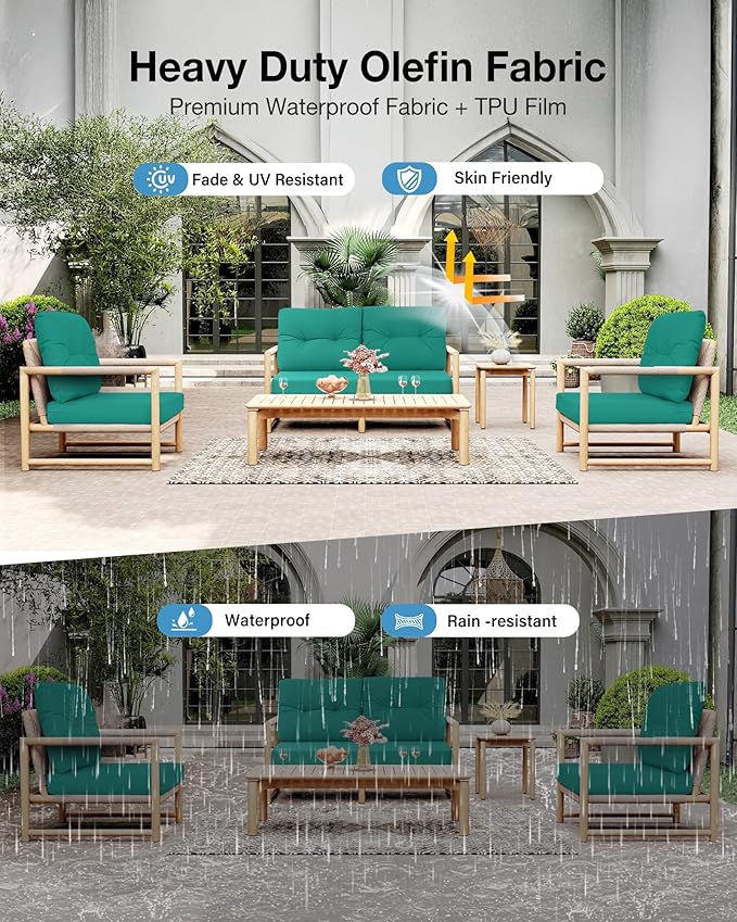 YEFU Olefin Outdoor Chair Cushions: Fade Resistant Outdoor Seat Cushion 24 x 24 - All Weather Patio Furniture Cushion with Ties - Deep Seat Patio Cushions for Chair Sofa Couch(Teal)