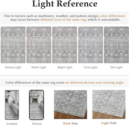 5x7 Grey Modern Washable Area Rug for Living Room Distressed Floral Non Slip Throw Rug Indoor Low Pile Carpet Accent Stain Resistance Bedroom Playroom Office Classroom Nursery