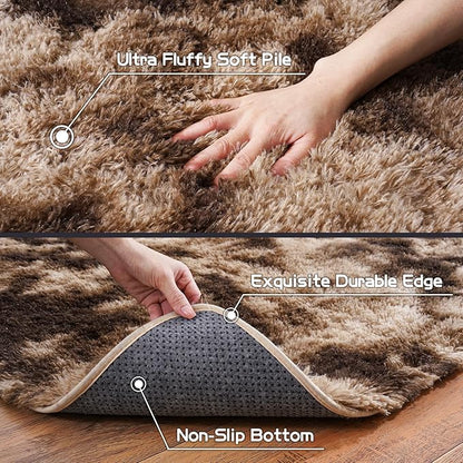 Pionblank 8x10 Rug for Living Room, Fuzzy Plush Large Area Rug Brown, Fluffy Modern Shag Non Slip Soft Furry Carpet for Bedroom Kids Room Nursery Teens Dorm Home, Tie-Dyed Coffee