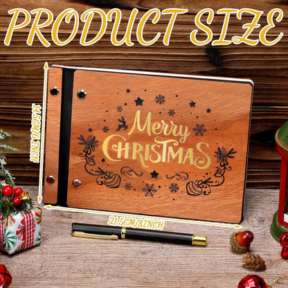 Christmas Wooden Guest Book with Pen 8 x 6 Inches 120 Pages Memory Scrapbook Rustic Signature Party Sign in Xmas Gift for Couple Guests Book