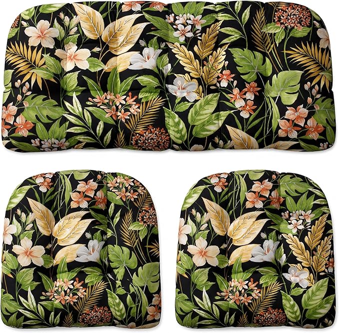 RSH DECOR: 3-Piece Tufted Wicker Cushion Set -41”x19 & 19"x19" Outdoor Wicker Loveseat Cushions & U-Shape Chair Cushions for Patio Furniture - All-Weather Spun Fabric (Carena Ebony) - Made in USA