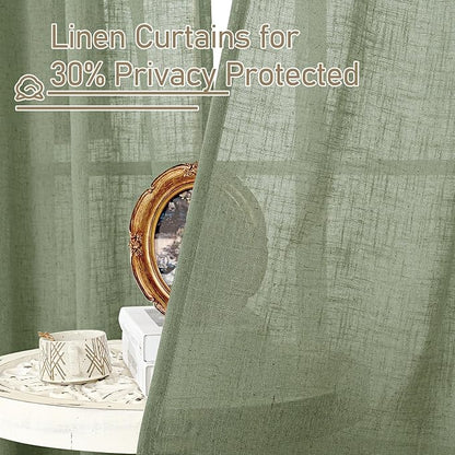 LAMIT Sage Green Linen Curtains 30 Inch Length, Semi Sheer Light Filtering Window Panels Back Tab and Rod Pocket Drapes for Kitchen/Basement/Small Windows, 25 x 30 Inch, 2 Panels