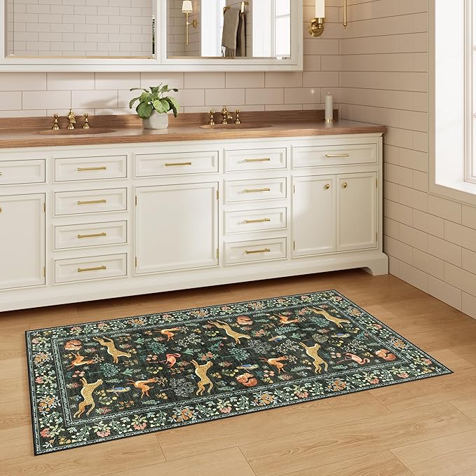 DUKINO 2x4 Rug for Hallway, Washable Kitchen Runner Rug with Non Slip Backing, Soft Low Pile Vintage Animal Runner for Bedroom, Kitchen, Hallway, Entryway, Laundry, Black