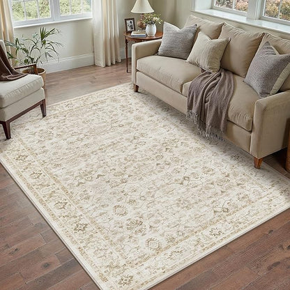 3x5 Beige Washable Neutral Area Rug for Living Room Soft Floral Non Slip Throw Rug Modern Low Pile Stain Resistance Doormat Distressed Carpet Entrance Laundry Room Bedroom Office