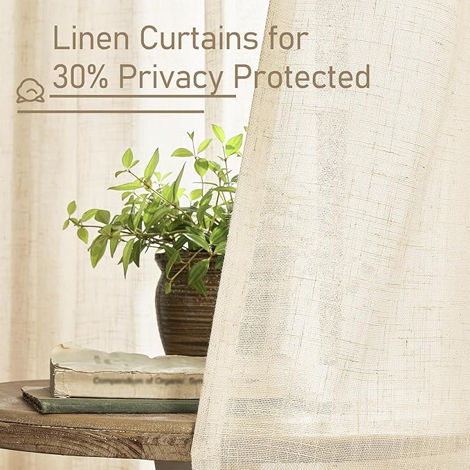 LAMIT Short Linen Window Curtains 30 Inches Long 2 Panels, Beige Semi Sheer Light Filtering Panels Back Tab and Rod Pocket Neutral Drapes for Basement/Small Windows, 34 x 30 Inch