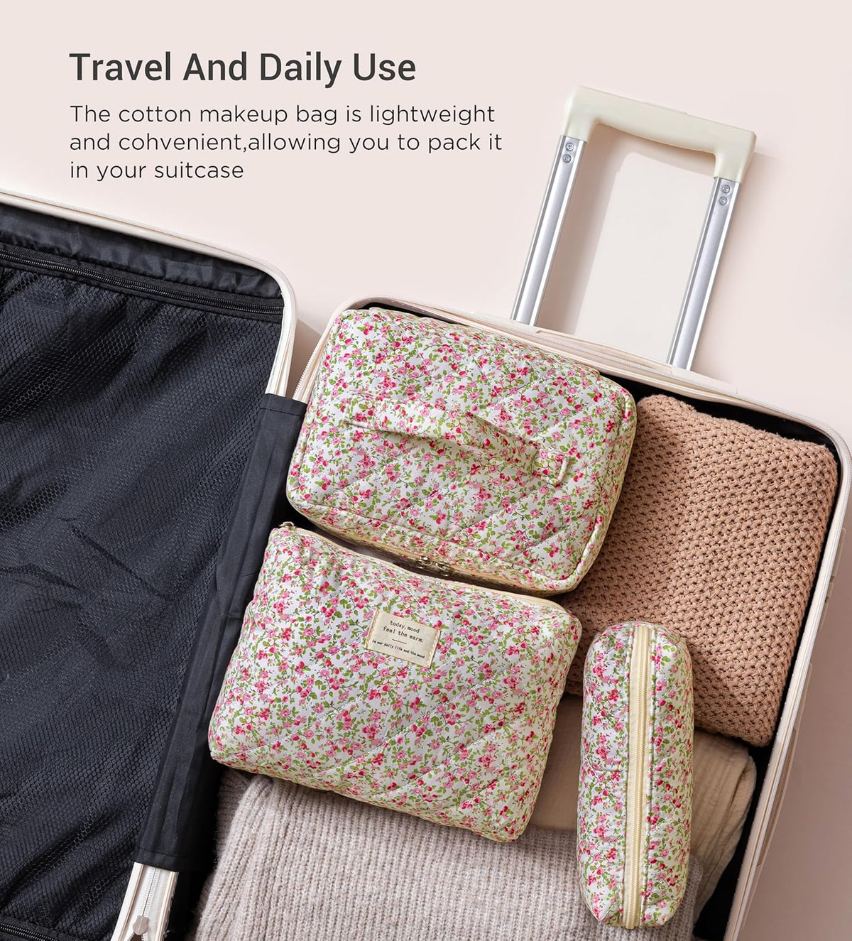 HBselect Quilted Makeup Bag, 3PCS Cotton Large Travel Makeup Bag, Cute Floral Coquette Make up Bag Cosmetic Bag Toiletry Bag for Women Girls