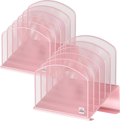Inclined Desk File Organizer, 5-Section Vertical File Folder Holder Stand Metal Rack File Sorter for Office Classroom Desktop Organization (Pink, 2Pack)